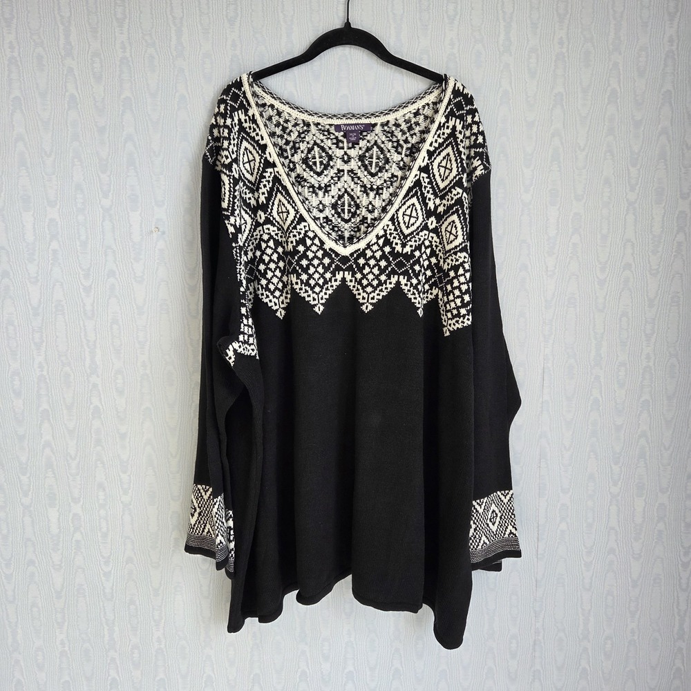 Roamans Womens 34/36 Sweater Fair Isle Chunky VNeck Black White Winter Apres Ski